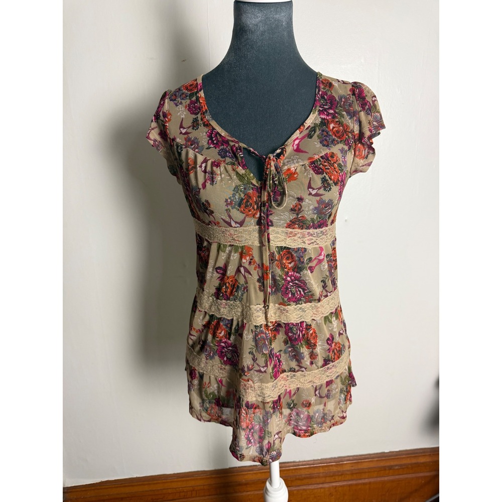 Self Esteem vintage Y2K Floral Bird Mesh Babydoll Top Lace Tiered Boho Blouse M